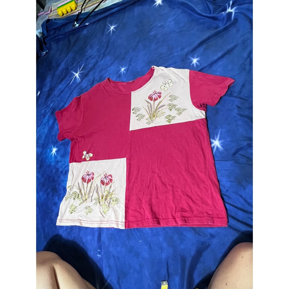 Vintage Floral Butterfly Colorblock T-Shirt Pink Cream Glitter Graphic Tee